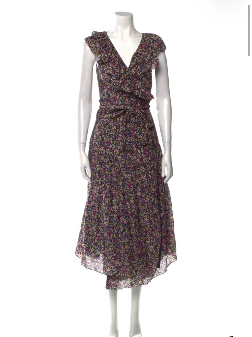 Apiece Apart Floral Ruffle V-Neck Midi Dress